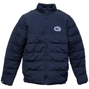 navy puffer jacket with Penn State Athletic Logo on left chest